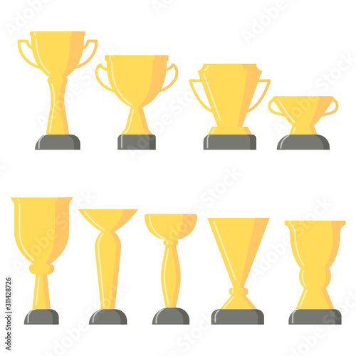 Trophy cups set. Award for the winner. Flat style. Vector.