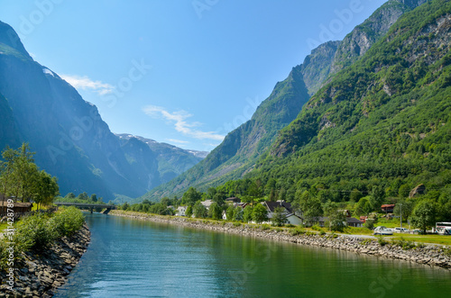 View of the Sognefjord in Gudvangen. Norway, Europe.