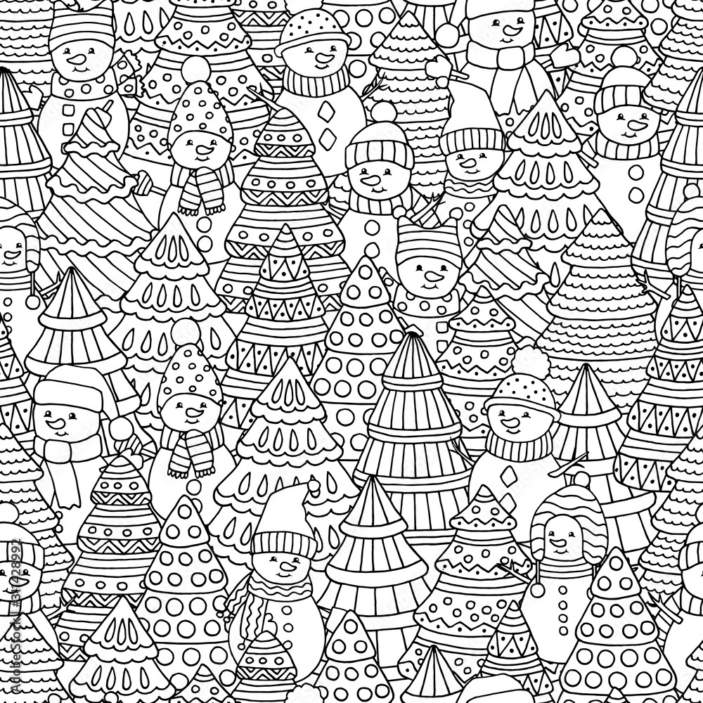 Seamless pattern with Christmas trees and snowmen, coloring page for kids and adults Seamless pattern with Christmas trees and snowmen, coloring page for kids and adults