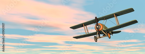 Old retro biplane flying in the sky - 3D render photo