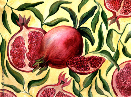 Ripe red pomegranate fruit on a branch with leaves isolated, watercolor illustration on yellow
