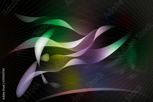 There are art different colors (green, violet, yellow) lines on the black background. 