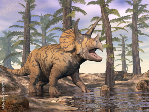 Triceratops walking in a pond in the forest - 3D render © Elenarts