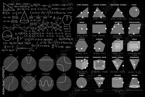 Mathematical formula creative background. Algebra and geometric symbols, graphic design elements. Vector Eps 10