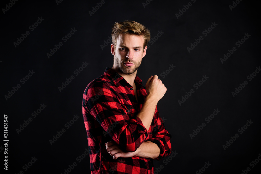 country style. charisma. western cowboy portrait. retro male fashion. Vintage style man. man checkered shirt. western. man black background. handsome man with beard. after barbershop