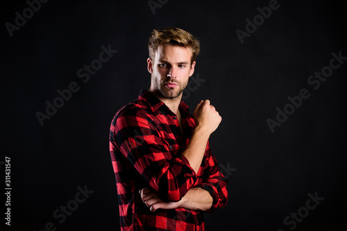 country style. charisma. western cowboy portrait. retro male fashion. Vintage style man. man checkered shirt. western. man black background. handsome man with beard. after barbershop