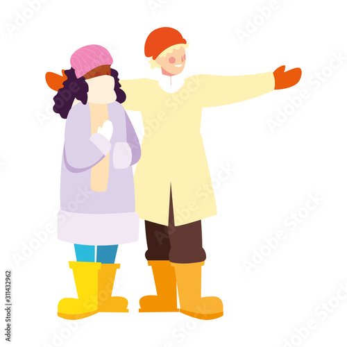 couple of people standing with winter clothes on white background