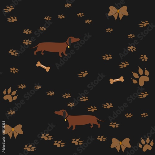 Seamless Dachshund Dog Pattern with bones, bows, dog houses and footprints