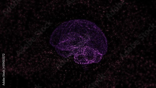 Brain animation with big data flow analysis in a shape of abstract particles over black background. photo