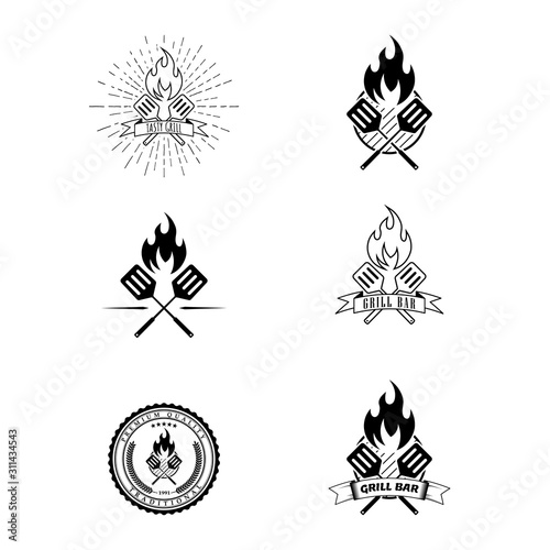 Vector set of grill bar and bbq labels. Vintage grill restaurant emblems. Food badges and design elements