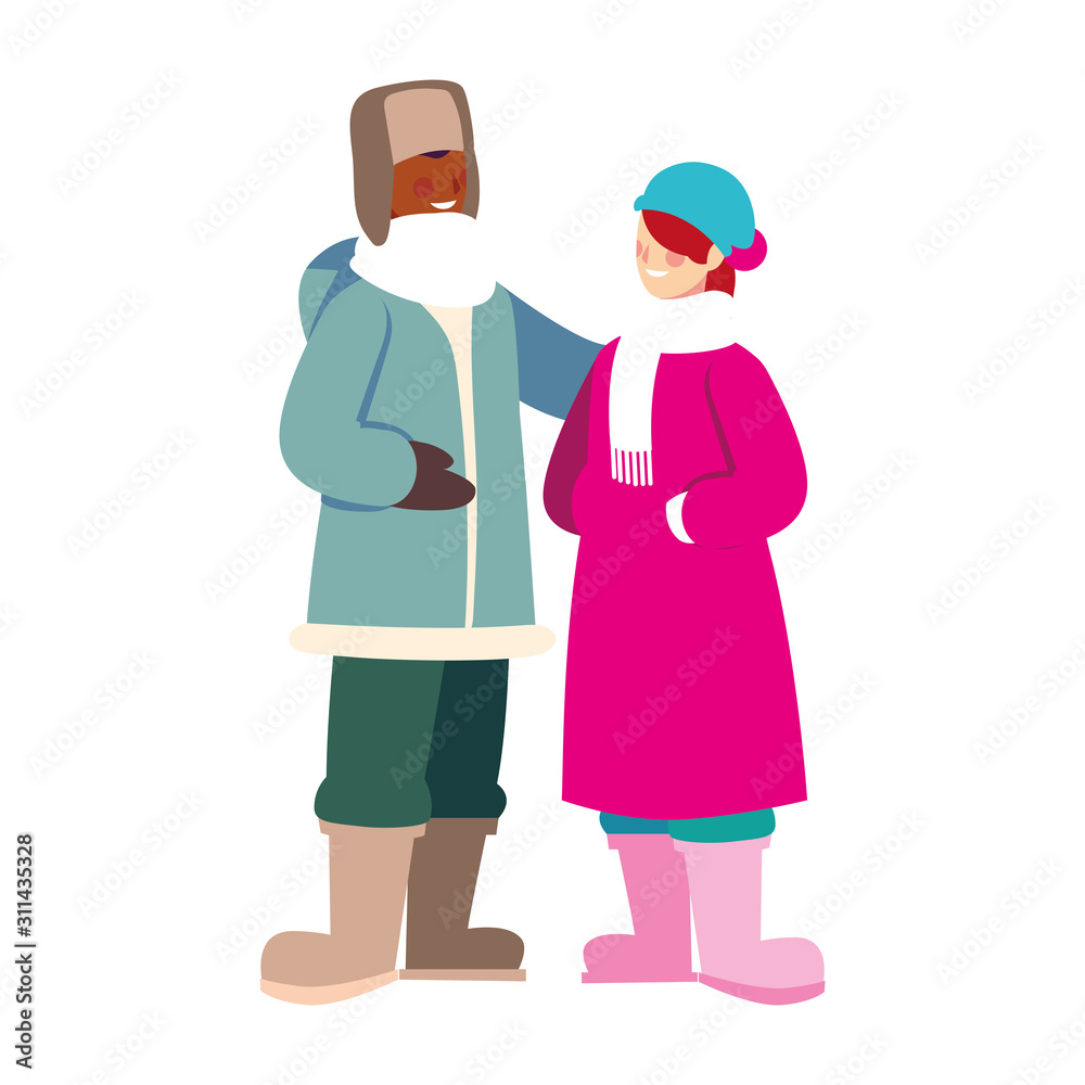 couple of people standing with winter clothes on white background couple of people standing with winter clothes on white background