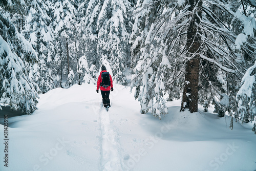 cute young caucasian woman spending her free time hiking outdoors in nature, covered with snow. Making a fresh path in newly covered snow. 