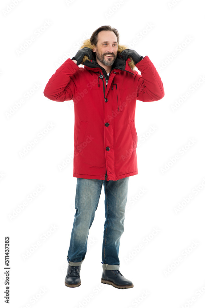 mature man is going to go outside. male winter fashion. seasonal trends for fashionable men. man in red parka isolated on white. wintertime concept. ready for any weather. cold winter climate mature man is going to go outside. male winter fashion. seasonal trends for fashionable men. man in red parka isolated on white. wintertime concept. ready for any weather. cold winter climate