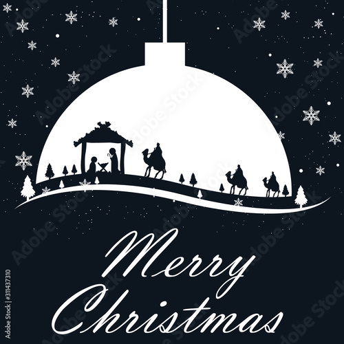Christmas card Three Kings and Jesus Mary Joseph, vector art illustration.