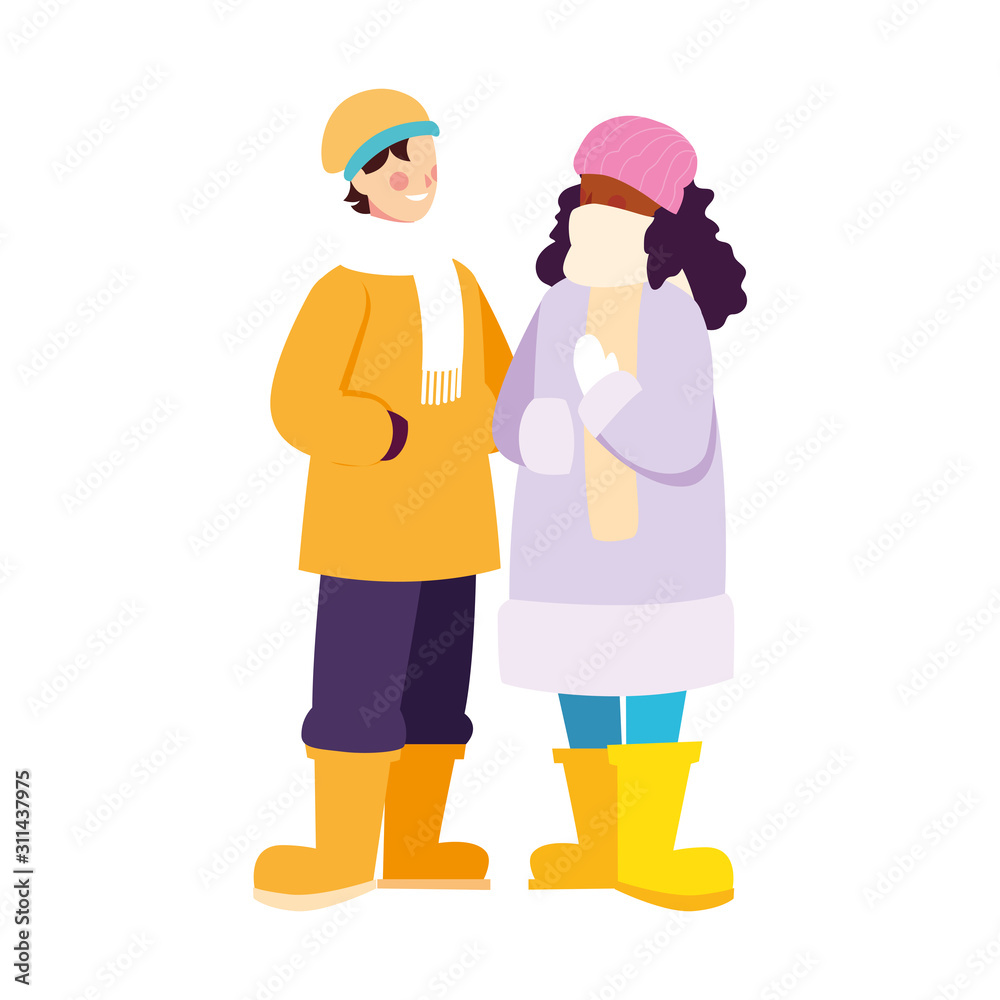 couple of people standing with winter clothes on white background couple of people standing with winter clothes on white background