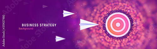 Teamwork strategy. Business goal solution concept. Paper planes flies to the abstract target on blur vector background