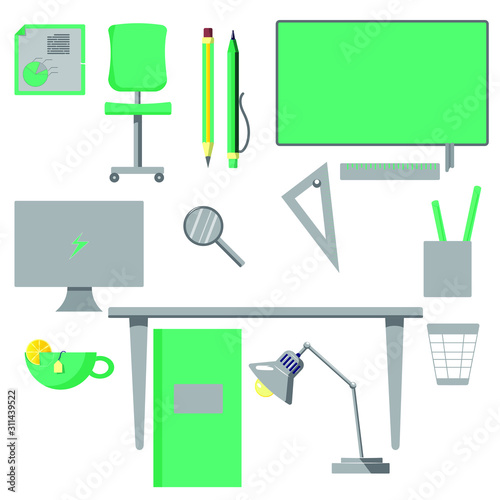 Collection of office furniture and stationery. Chalkboard, table, chair, mug, lamp, rulers, poster and folder. Computer monitor, tea with lemon. Isolated vector in gray and turquoise colors.