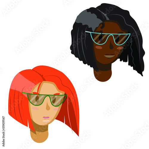 Young women black and white in big stylish glasses. Bob haircut on red straight hair and curly dark one. Bad eyesight concept in flat cartoon style. Vector isolated portrait. Multiracial smart ladies.