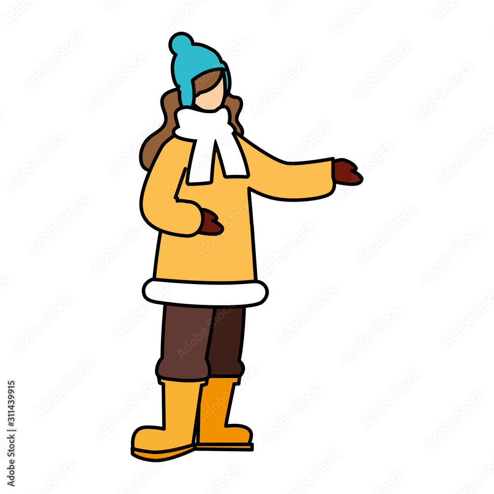 woman standing with winter clothes on white background