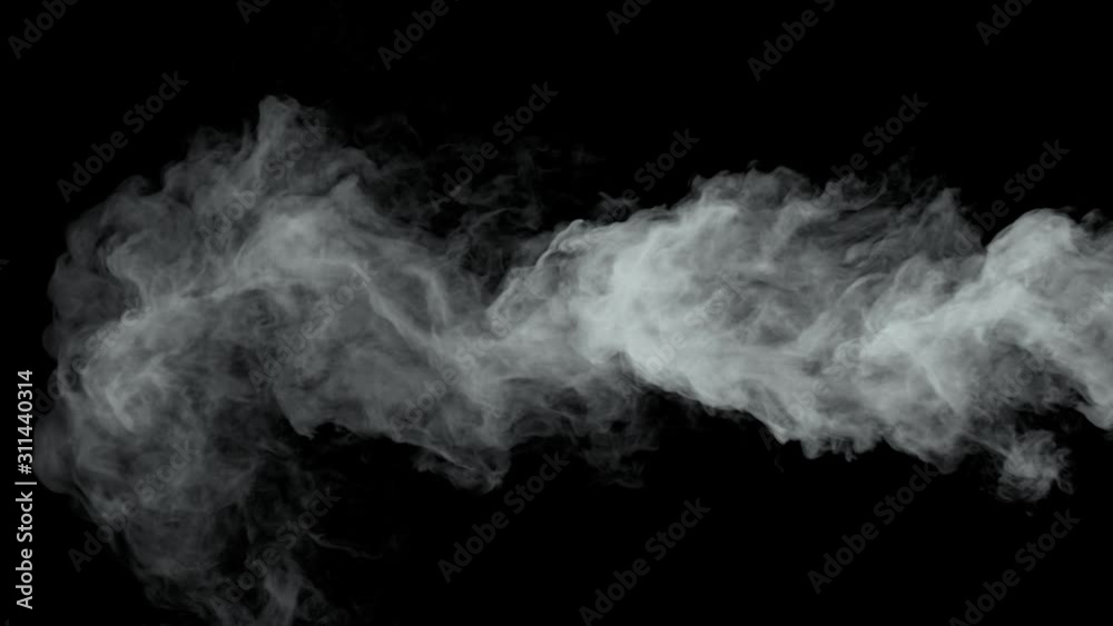 White water vapor steam on a black background. Realistic dry smoke clouds fog overlay. Simply drop it in and change its blending mode to screen or add.