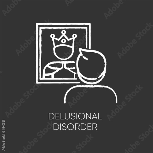 Delusional disorder chalk icon. Man in mirror reflection. Bizzare and false beliefs. Optical delusion. Megalomania. Clinical psychology. Mental illness. Isolated vector chalkboard illustration