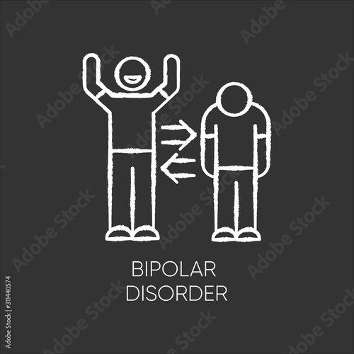 Bipolar disorder chalk icon. Manic and depressive episodes. Split personality. Mood change. Sad and happy. Emotional swing. Mental health issues. Isolated vector chalkboard illustration