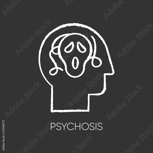 Psychosis chalk icon. Paranoid and scared person. Confused mind. Fear. Phobia and anxiety. Schizophrenia. Depression and stress. Mental disorder. Psychiatry. Isolated vector chalkboard illustration