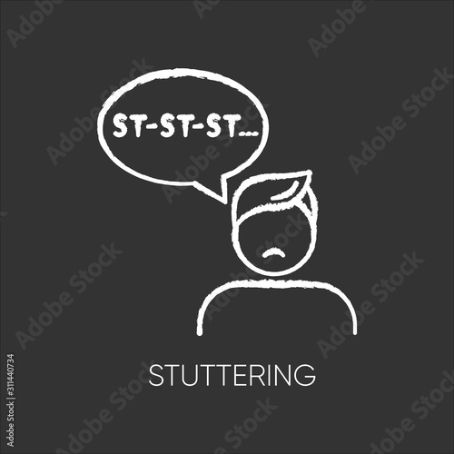 Stuttering chalk icon. Speech problem. Repetition in talking. Sound and syllable prolongation. Oral communication issue. Anxiety and stress. Mental disorder. Isolated vector chalkboard illustration