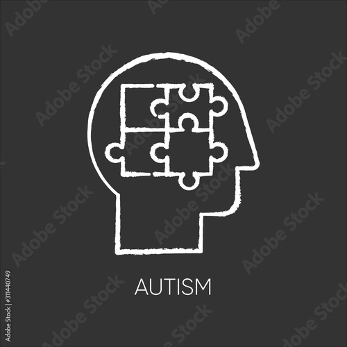 Autism chalk icon. Puzzled mind. Neurology and psychiatry. Children illness support. Different thinking. Asperger. Developmental disorder. Clinical psychology. Isolated vector chalkboard illustration