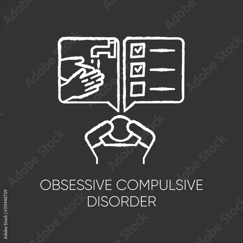 Obsessive-compulsive disorder chalk icon. Disturbed man. Thinking under pressure. Stress and anxiety. Perfectionist. Mental health issues. Clinical psychology. Isolated vector chalkboard illustration