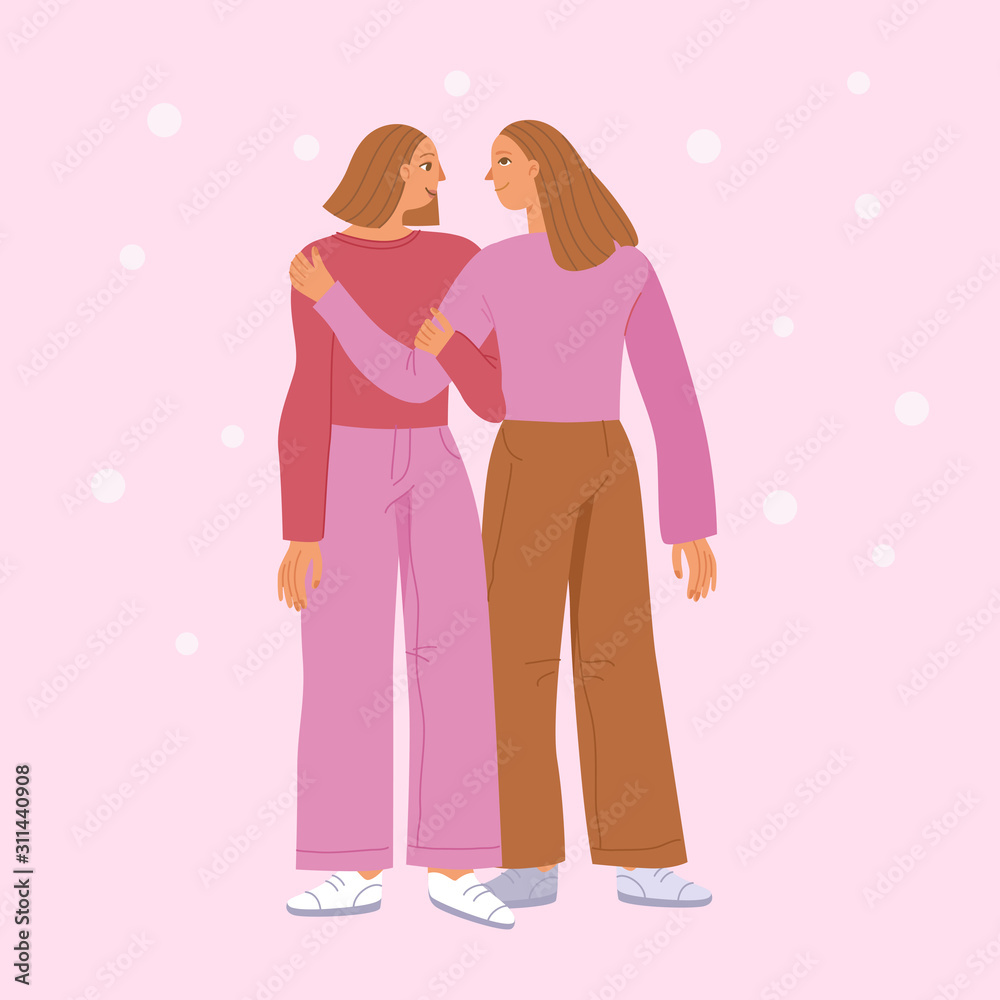 Vector illustration in flat linear style - women teamwork characters - girl power concept and women empowerment - happy female friends Vector illustration in flat linear style - women teamwork characters - girl power concept and women empowerment - happy female friends