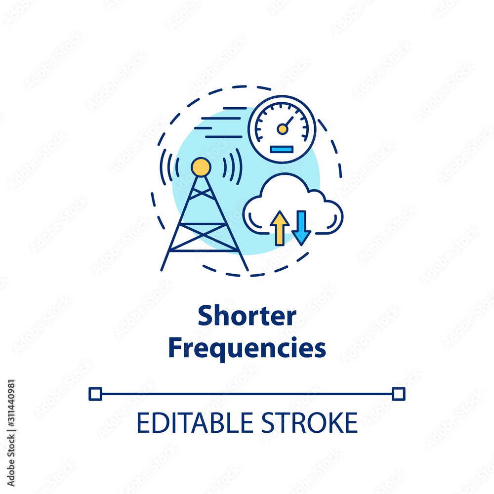 Shorter frequencies concept icon. 5G technologies idea thin line illustration. Telecommunication tower. Global coverege. High-speed connection. Vector isolated outline drawing. Editable stroke