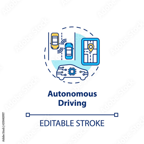 Autonomus driving concept icon. Unmanned vehicles idea thin line illustration. Smart car. Driverless automobile. Artificial Intelligence. Vector isolated outline drawing. Editable stroke