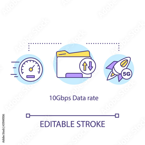 10 Gbps data rate concept icon. 5G technologies idea thin line illustration. Data transfer. Mobile internet. High-speed connection. Vector isolated outline drawing. Editable stroke