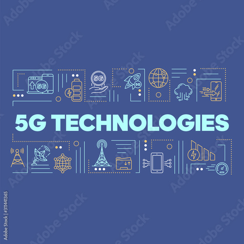 5G technologies word concepts banner. Global coverege. High-speed connection and mobile internet. Infographics, linear icons on blue background. Isolated typography. Vector outline illustration