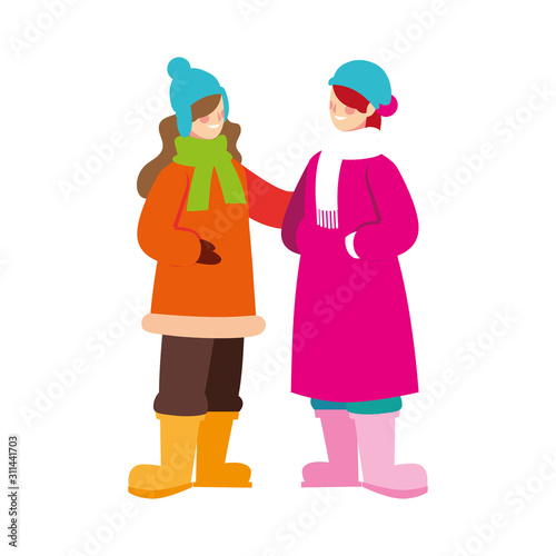 women standing with winter clothes on white background