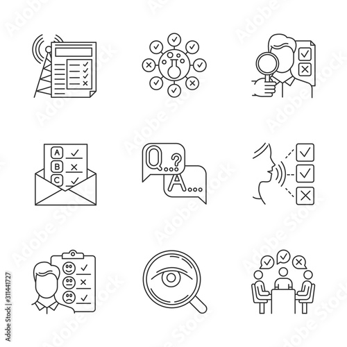 Survey methods linear icons set. Chemical analysis. Email, internet connection poll. Customer satisfaction. Feedback. Thin line contour symbols. Isolated vector outline illustrations. Editable stroke