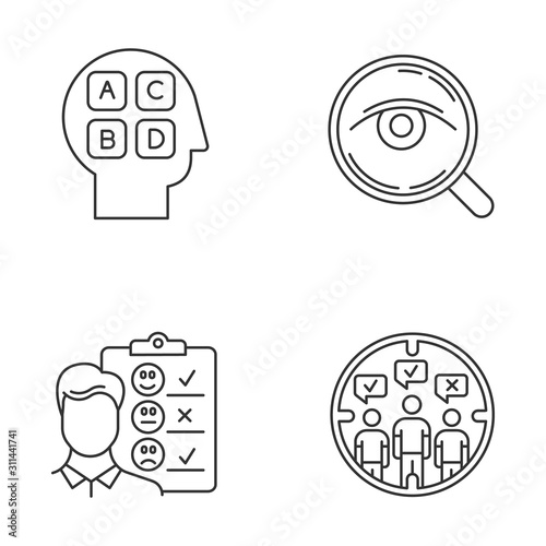 Survey methods linear icons set. Analysis. Interview. Target population. Public opinion. Personality test. Review. Thin line contour symbols. Isolated vector outline illustrations. Editable stroke