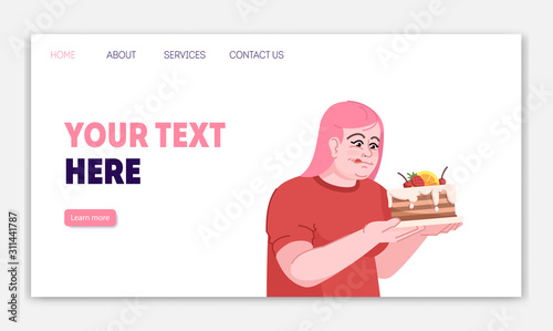 Binge eating landing page vector template. Overeating website interface idea with flat illustrations. Obesity homepage layout. Unhealthy nutrition web banner, webpage cartoon concept
