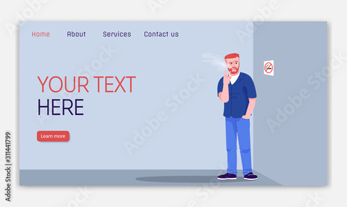 Nicotine addiction landing page vector template. Ignoring ban on smoking website interface idea with flat illustrations. Unhealthy habit homepage layout. Web banner, webpage cartoon concept