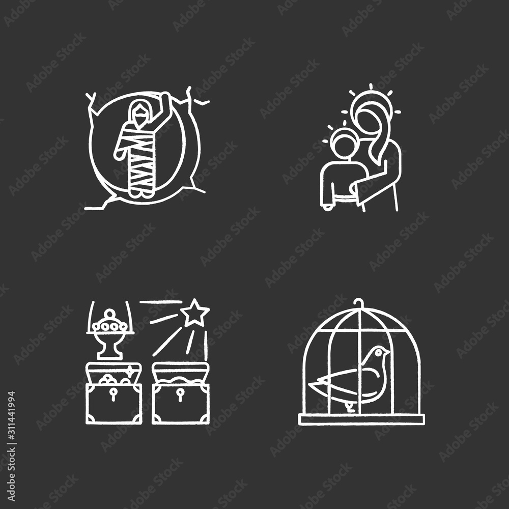 Bible narratives chalk icons set. Resurrected Lazarus, Virgin Mary with son Jesus, gifts of the magi, pigeon in cage. Easter week. Gospel stories. Holy writ. Isolated vector chalkboard illustrations Bible narratives chalk icons set. Resurrected Lazarus, Virgin Mary with son Jesus, gifts of the magi, pigeon in cage. Easter week. Gospel stories. Holy writ. Isolated vector chalkboard illustrations