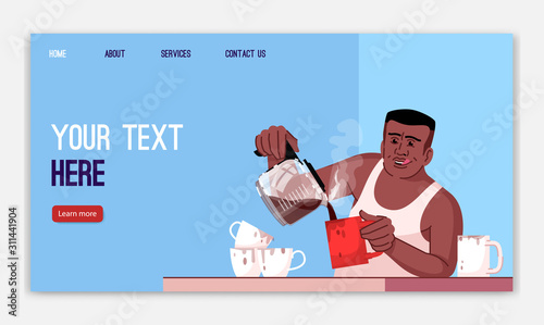 Caffeine addiction landing page vector template. Energy drinks dependence website interface idea with flat illustrations. Coffeeholic homepage layout. Web banner, webpage cartoon concept