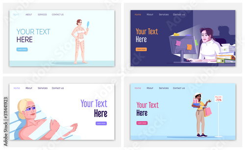 Human addiction landing page vector template set. Compulsive habit disorders website interface idea with flat illustrations. Dependences homepage layout. Web banner, webpage cartoon concept