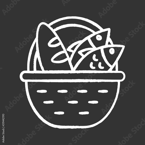 Bread and fish in basket chalk icon. Feeding the multitude. Holy week. Miracle of Christ. Blessing food from Bible. New Testament. Gospel story. Isolated vector chalkboard illustration