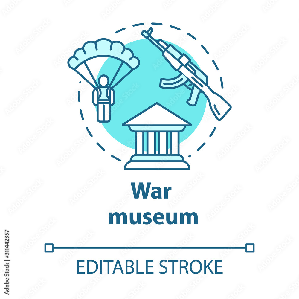 War museum concept icon. Military memorial. Imperial archives. Paratrooper and automated gun. Warfare history exhibition idea thin line illustration. Vector isolated outline drawing. Editable stroke