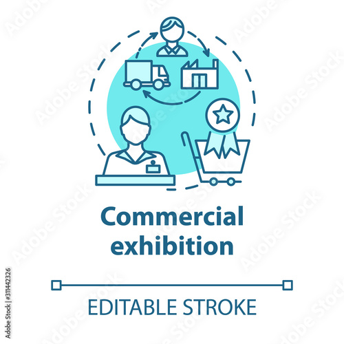 Commercial exhibition concept icon. International trading fair. Convention to buy artwork. Museum promo exposition idea thin line illustration. Vector isolated outline drawing. Editable stroke