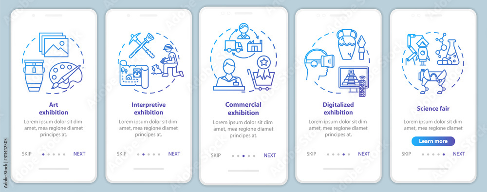 Exhibition and museum onboarding mobile app page screen vector template. Exposition. Science fair. Walkthrough website steps with linear illustrations. UX, UI, GUI smartphone interface concept