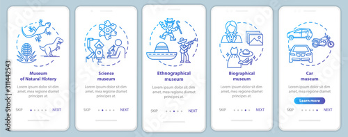 Exhibition and museum onboarding mobile app page screen vector template. Natural history. Walkthrough website steps with linear illustrations. UX, UI, GUI smartphone interface concept