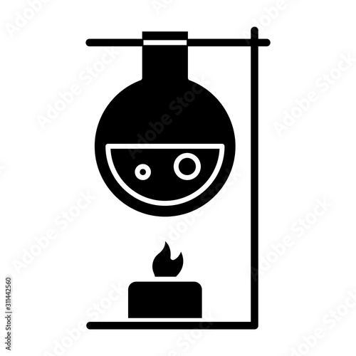 Heating laboratory flask with candle glyph icon. Lab experiment. Interaction with chemicals. Organic chemistry research. Silhouette symbol. Negative space. Vector isolated illustration