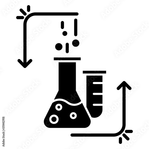 Chemical reaction in lab flask glyph icon. Organic chemistry. Conducting experiment. Laboratory work. Interaction with chemicals. Silhouette symbol. Negative space. Vector isolated illustration